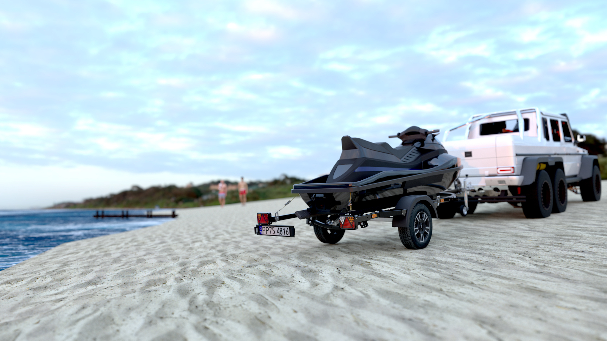 PP75-4816-jet-ski-w-akcji-pomniejszone_1_plaża nowoczesna czarna przyczepa do transportu skuterów wodnych black jet ski trailer